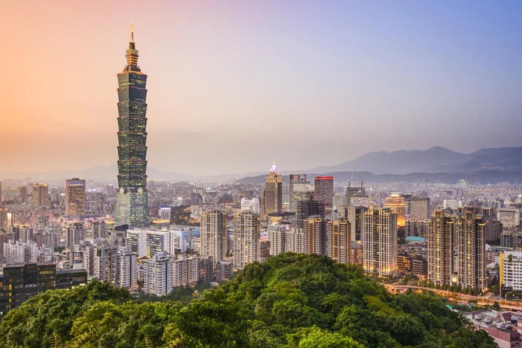 Taipei 101 tower above the Taipei skyline at dusk, Taiwan