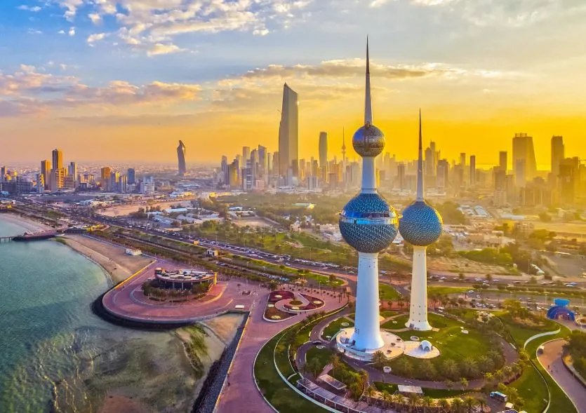 Kuwait Towers and the Kuwait City skyline at sunset, Kuwait
