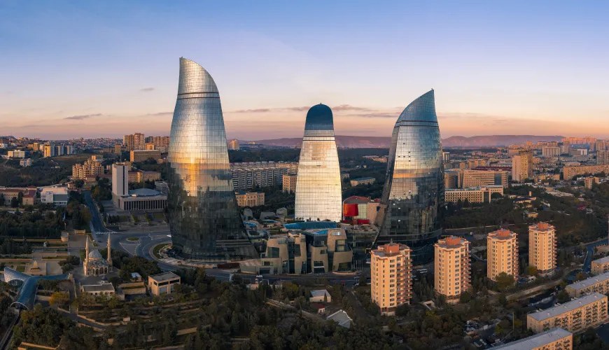 The Flame Towers at dusk above Baku, Azerbaijan