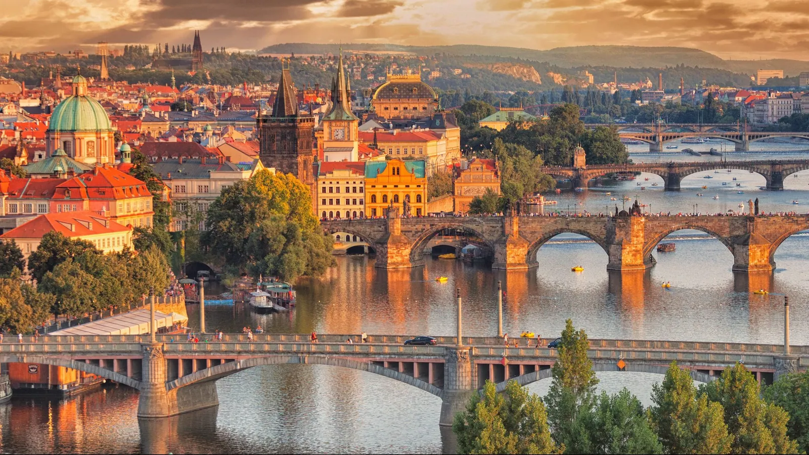 Charles Bridge and the Vltava river at golden hour, Prague, Czechia