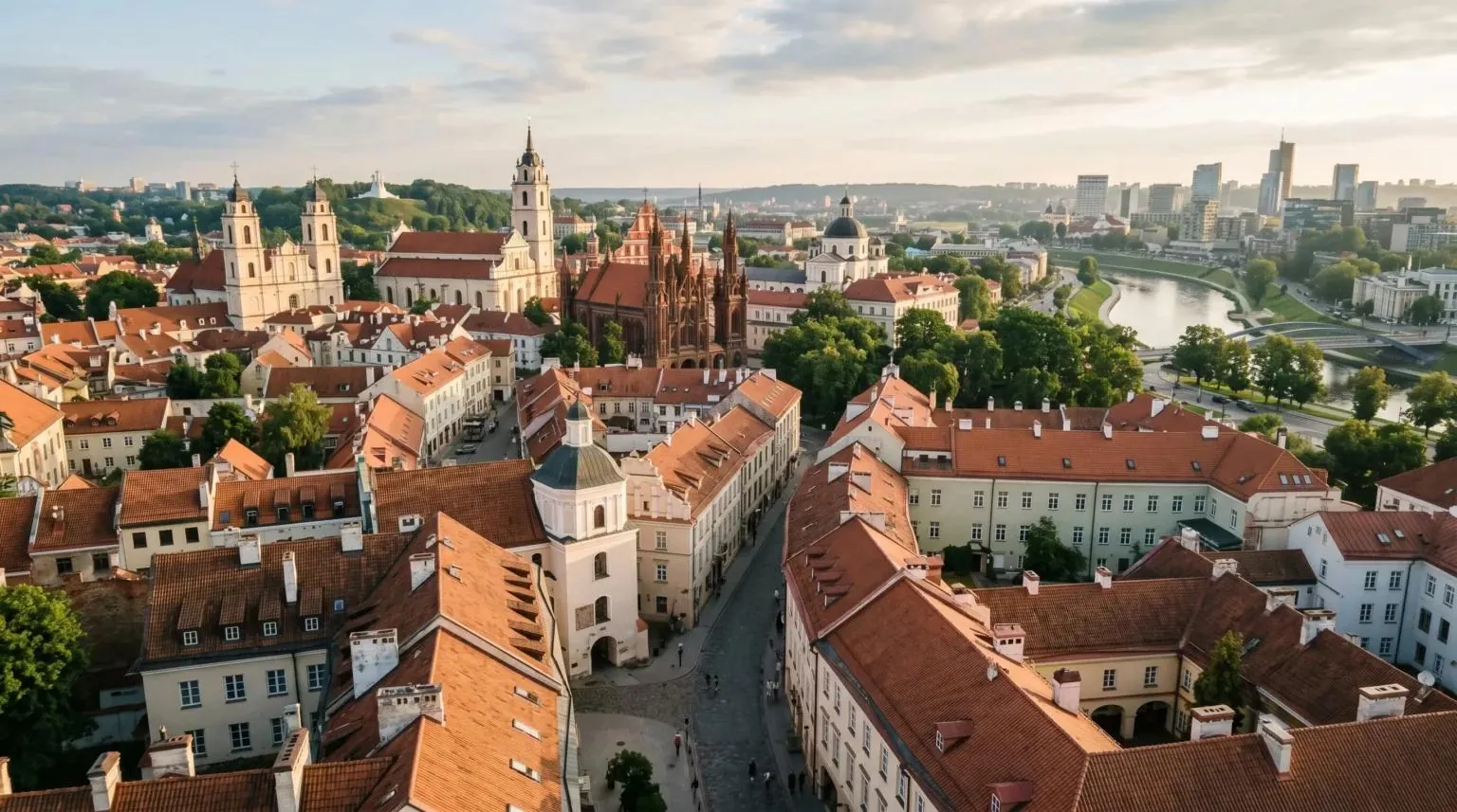 Vilnius Old Town rooftops, churches and the Neris river, Lithuania