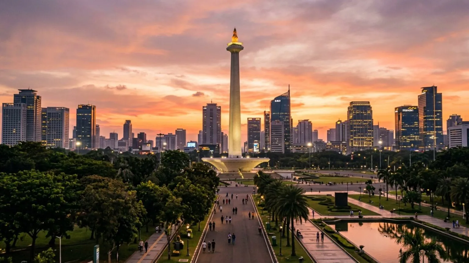 The National Monument (Monas) and Jakarta skyline at sunset, Indonesia